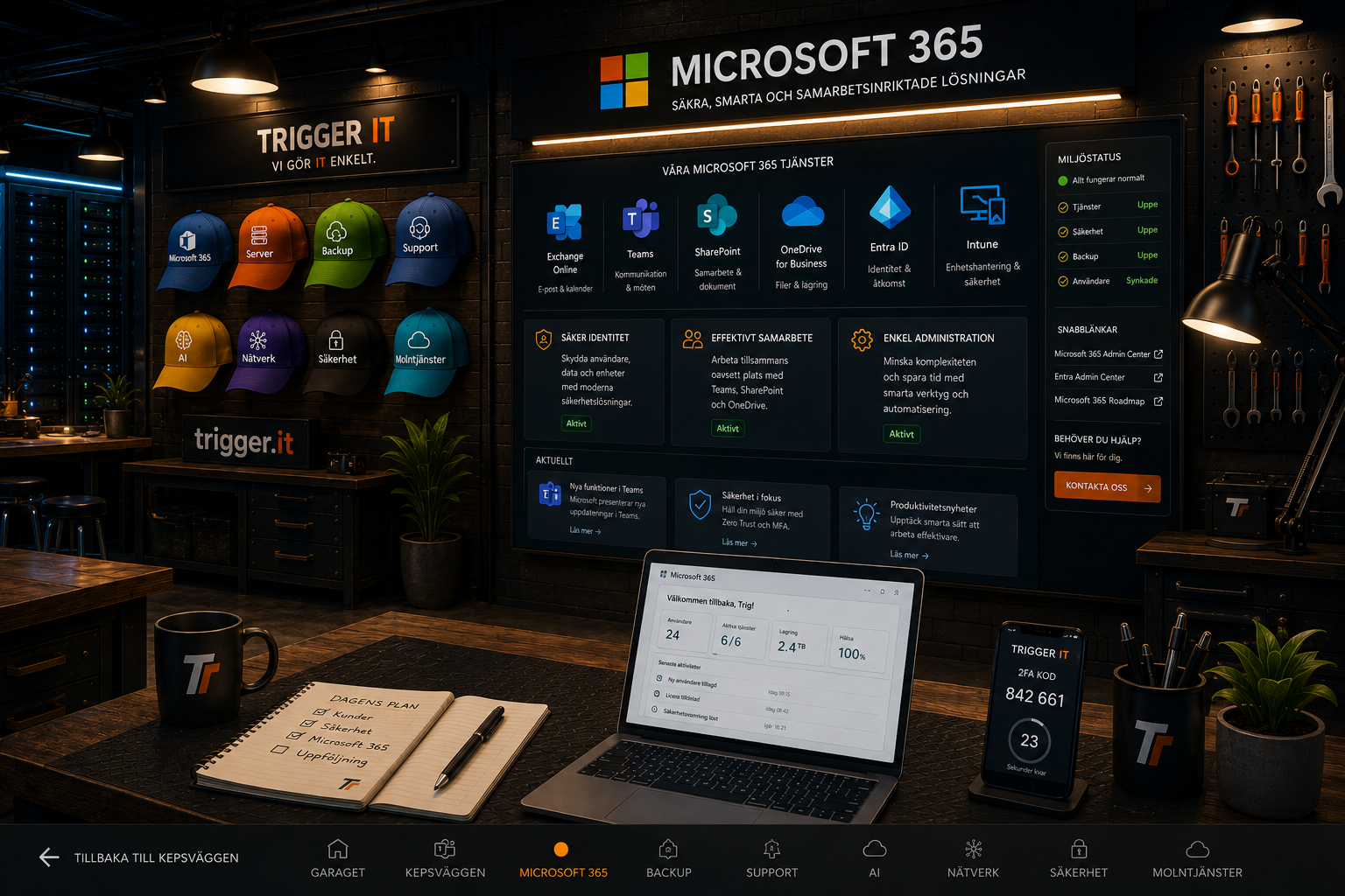 Arbetsbänk med skärm som visar Microsoft 365-tjänster i Trigger Garage.