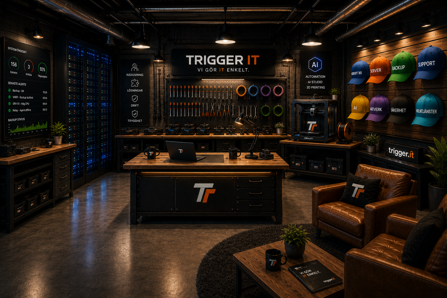 Trigger Garage med serverhall, arbetsbänk, AI-labb, kundhörna och färgkodad kepsvägg.